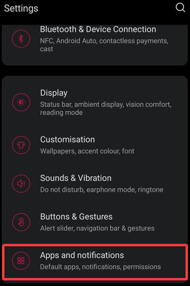 Apps and Notification option in Android Settings