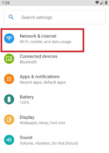 Network and Internet Option in Android Settings