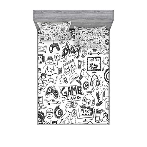 Ambesonne Video Games Bedding Set with Sheet & Covers Monochrome Sk...