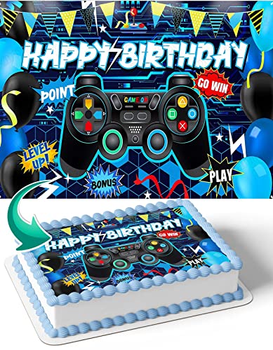CAKECERY Gamer Nintendo Playstation Xbox Blue Edible Cake Image Top...