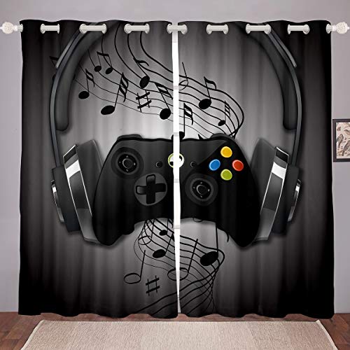 Games Curtains Black Grey Headphones Musical Notes Design Gamepad W...