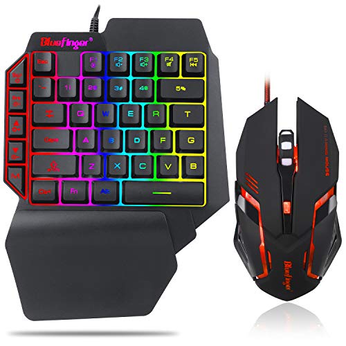One Hand RGB Gaming Keyboard and Backlit Mouse Combo,USB Wired Rain...